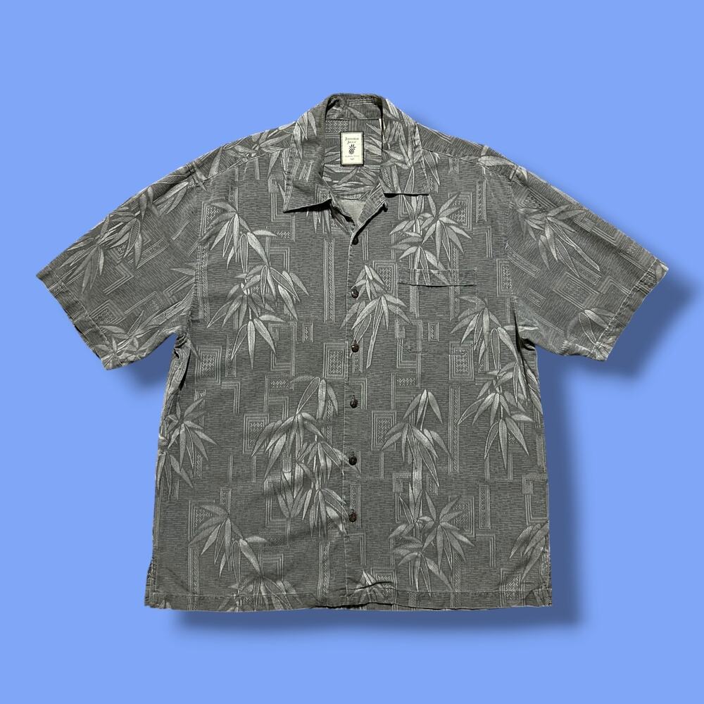 Vintage Silk Hawaiian Shirt Pigment Dyed Loop Collar Leaf Print Faded Gray Large